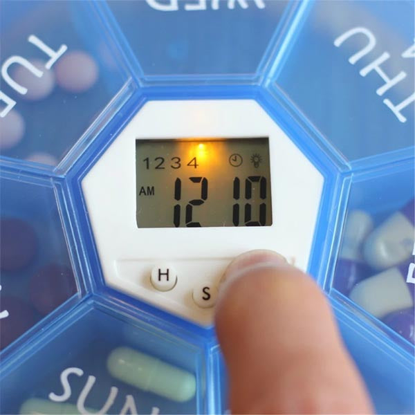 Stor rund pilleæske med alarm funktion