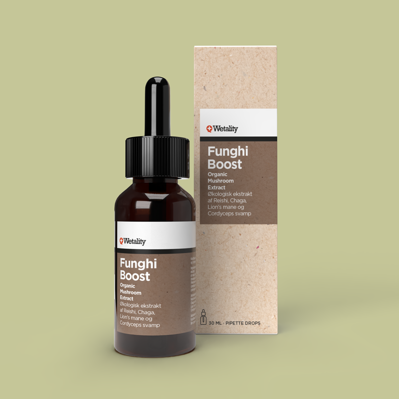 Funghi Boost 30 ml fra Wetality ( Svampe : Reishi, Chaga, Lions Mane og Cordyceps )