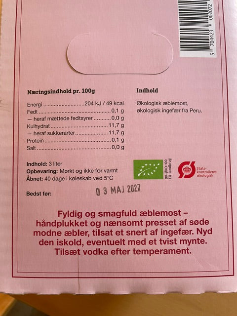 Økologisk Æble Ingefær - 3 liter i en box