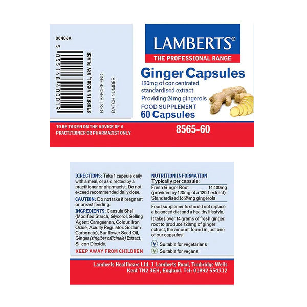 Ingefær (ginger), superstyrke, 120 mg af 120:1 ekstrakt, 60 kapsler fra Lamberts