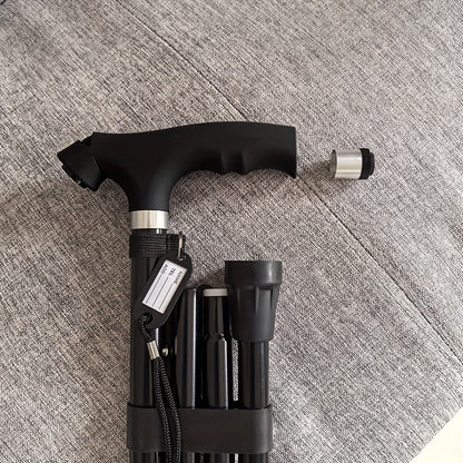 Sammenklappelig Stok med Fire Ben – Ekstra Håndtag, LED-lys og Alarm