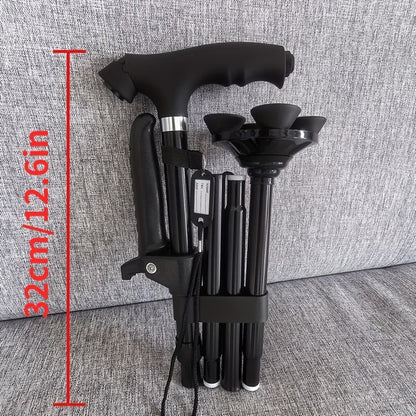 Sammenklappelig Stok med Fire Ben – Ekstra Håndtag, LED-lys og Alarm