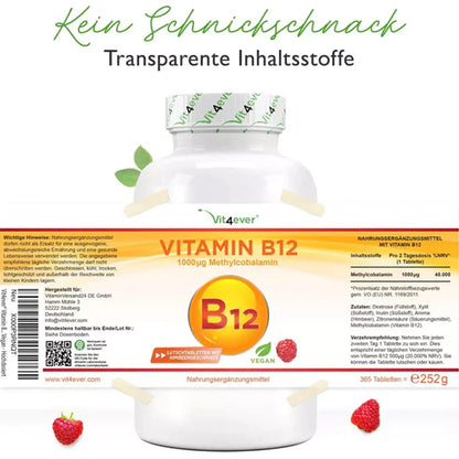 B12 Vitamin med hindbærsmag, aktiv Methylcobalamin, 1.000 mg - 365 sugetabletter